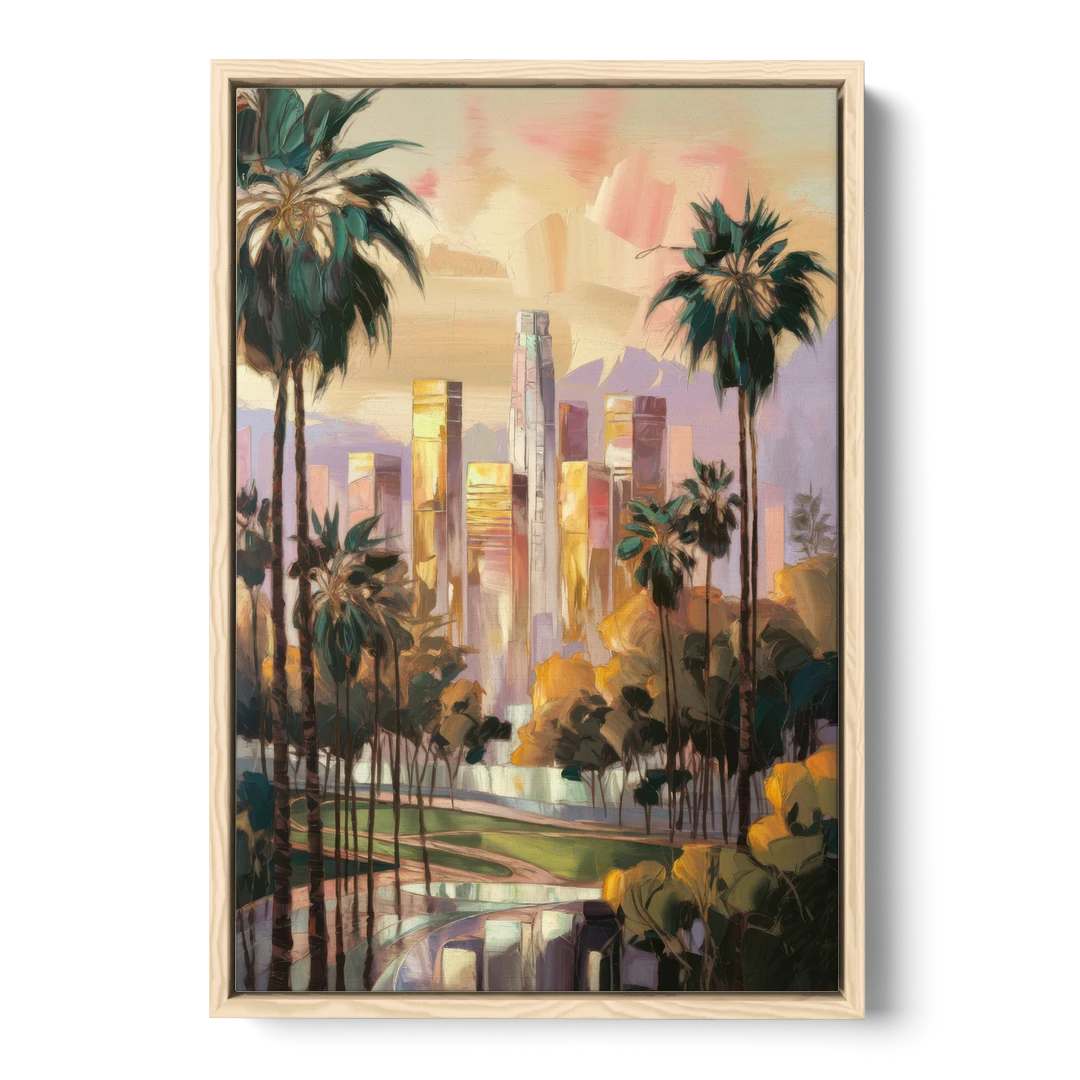 Los Angeles Palm Trees and Skyscrapers - Oak Framed Canvas Wall Art - Front