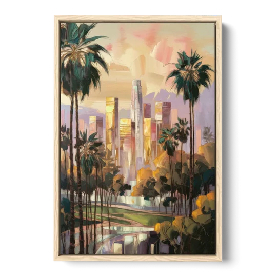 Los Angeles Palm Trees and Skyscrapers - Oak Framed Canvas Wall Art - Front