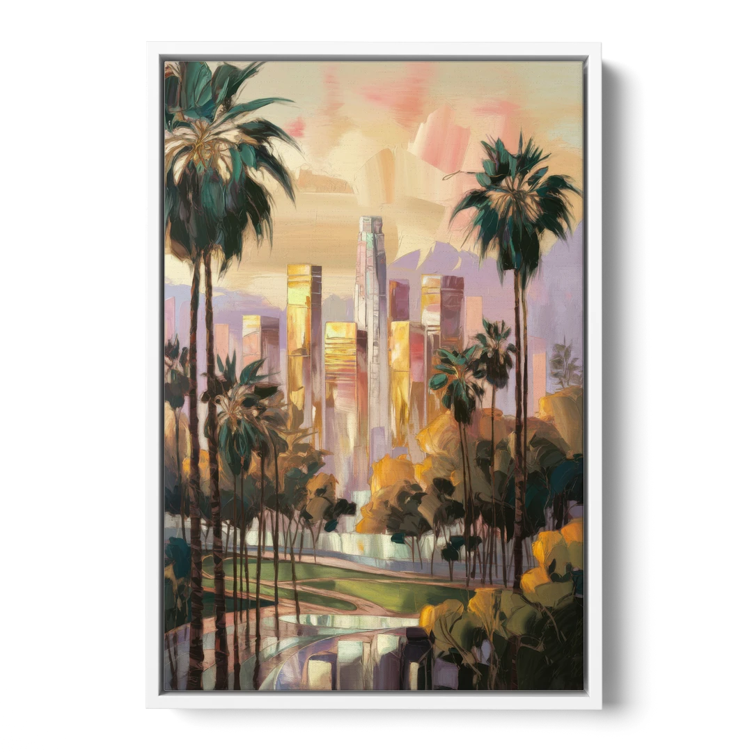 Los Angeles Palm Trees and Skyscrapers - White Framed Canvas Wall Art - Front