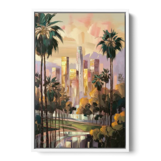 Los Angeles Palm Trees and Skyscrapers - White Framed Canvas Wall Art - Front