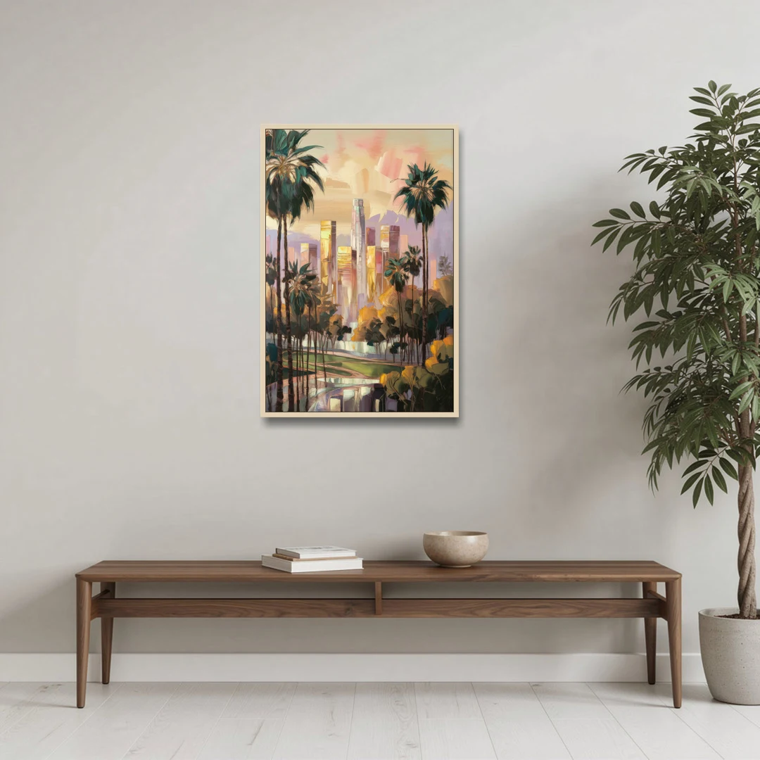 Los Angeles Palm Trees and Skyscrapers - Oak Framed Canvas Wall Art - Coffee Table - 24x36