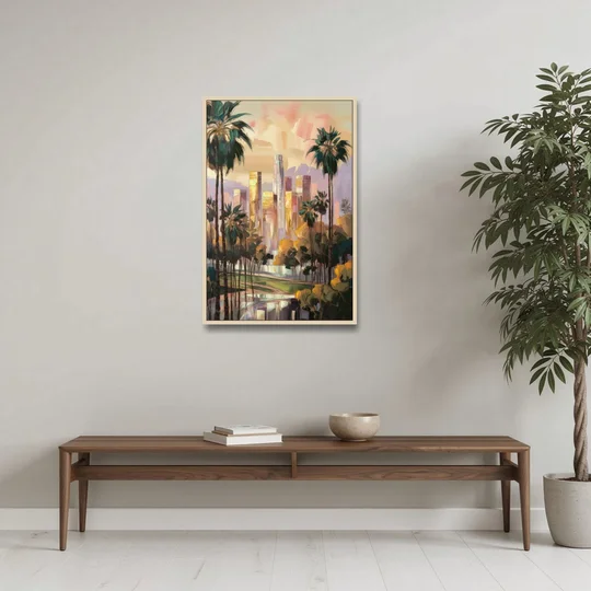 Los Angeles Palm Trees and Skyscrapers - Oak Framed Canvas Wall Art - Coffee Table - 24x36