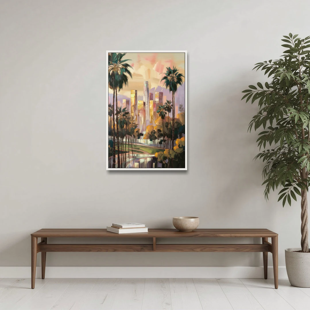Los Angeles Palm Trees and Skyscrapers - White Framed Canvas Wall Art - Coffee Table - 24x36
