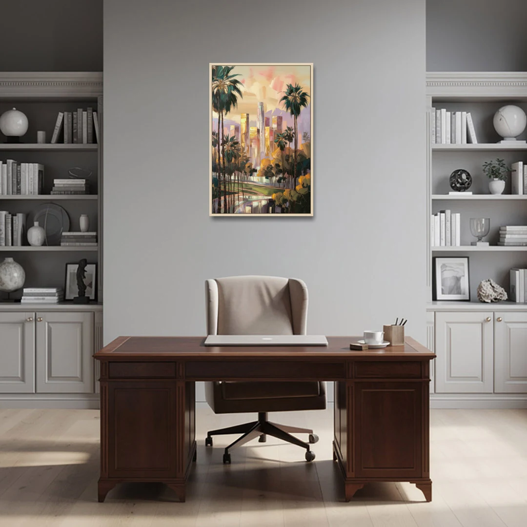 Los Angeles Palm Trees and Skyscrapers - Oak Framed Canvas Wall Art - Office - 24x36
