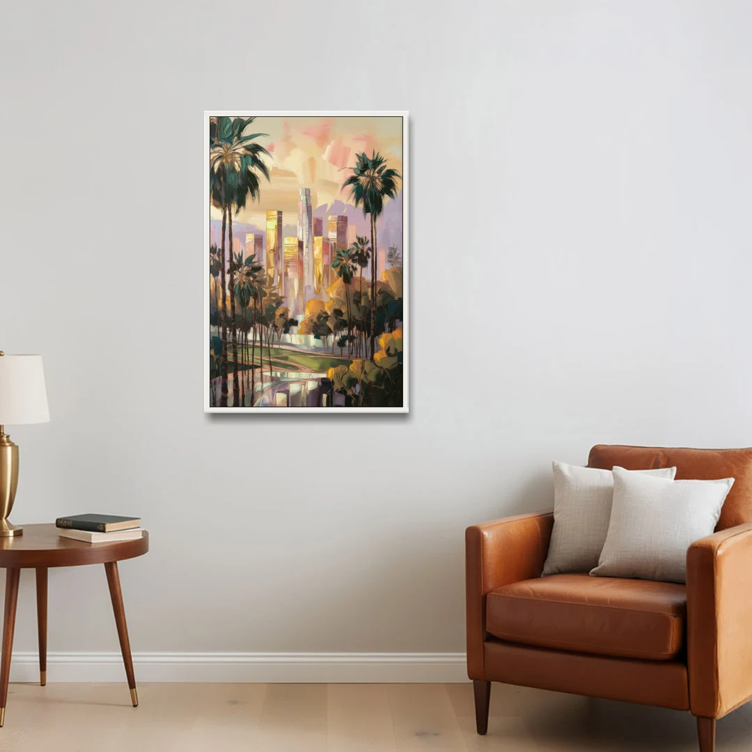 Los Angeles Palm Trees and Skyscrapers - White Framed Canvas Wall Art - Sofa - 24x36