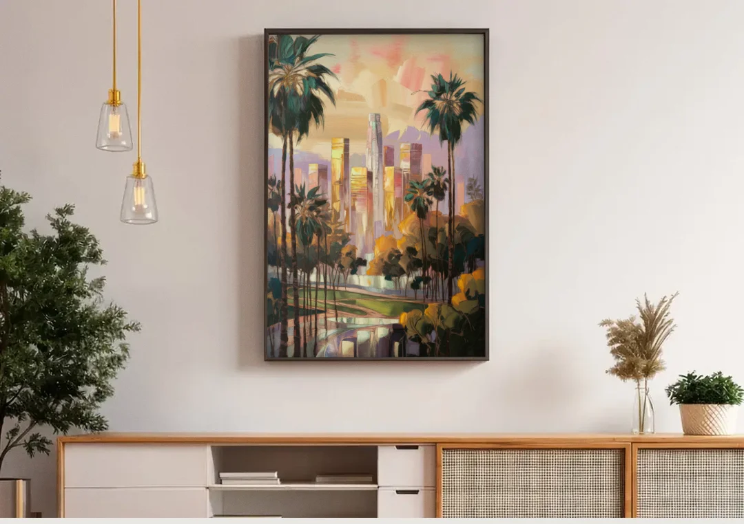 Los Angeles Palm Trees and Skyscrapers canvas wall art above a wooden sideboard under pendant lights