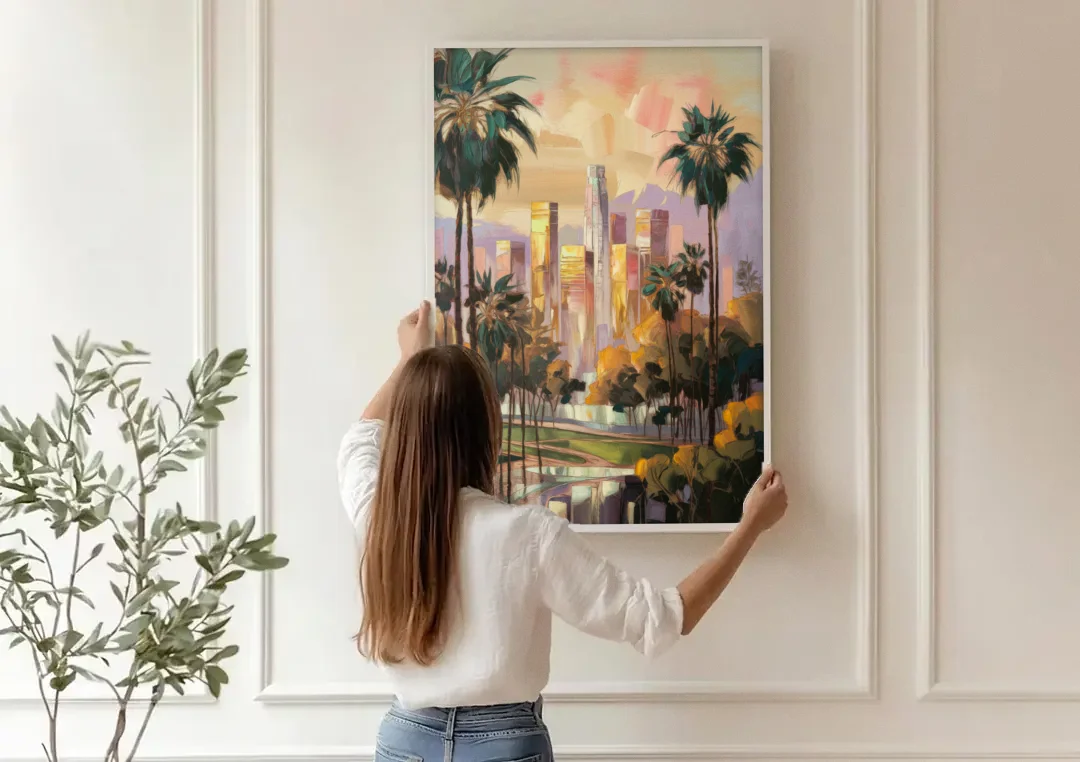 Los Angeles Palm Trees and Skyscrapers canvas wall art being hung on a paneled wall