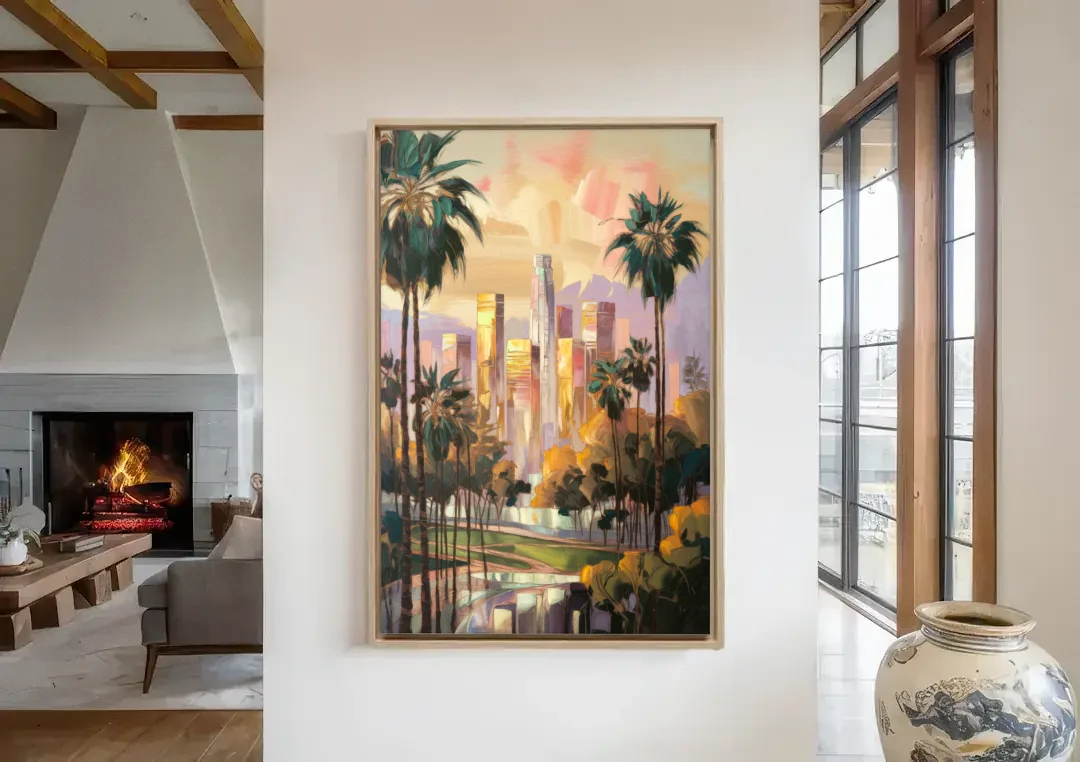 Los Angeles Palm Trees and Skyscrapers canvas wall art in a living room with a fireplace