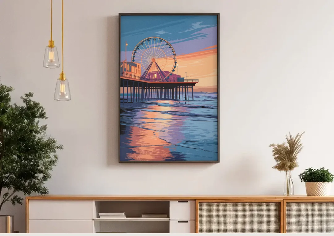 Los Angeles Santa Monica Pier canvas wall art above a wooden sideboard under pendant lights