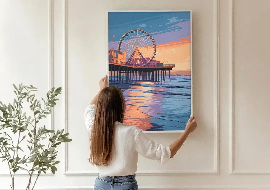 Los Angeles Santa Monica Pier canvas wall art being hung on a paneled wall