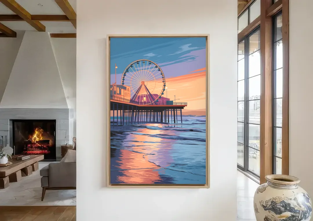 Los Angeles Santa Monica Pier canvas wall art in a living room with a fireplace