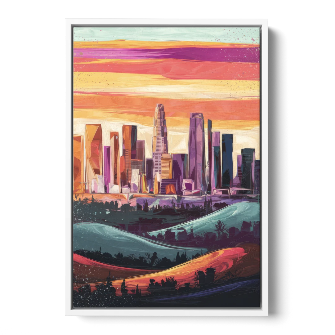 Los Angeles Skyline at Sunset - White Framed Canvas Wall Art - Front