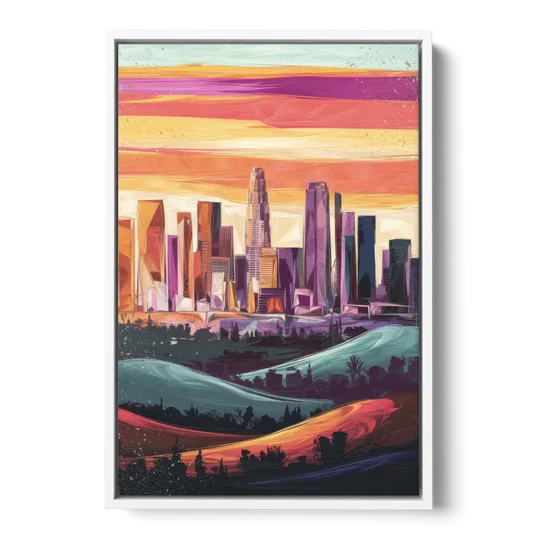 Los Angeles Skyline at Sunset - White Framed Canvas Wall Art - Front