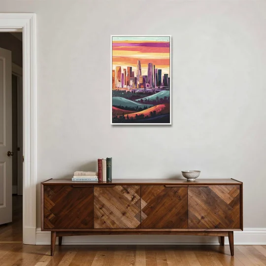 Los Angeles Skyline at Sunset - White Framed Canvas Wall Art - Coffee Table - 24x36