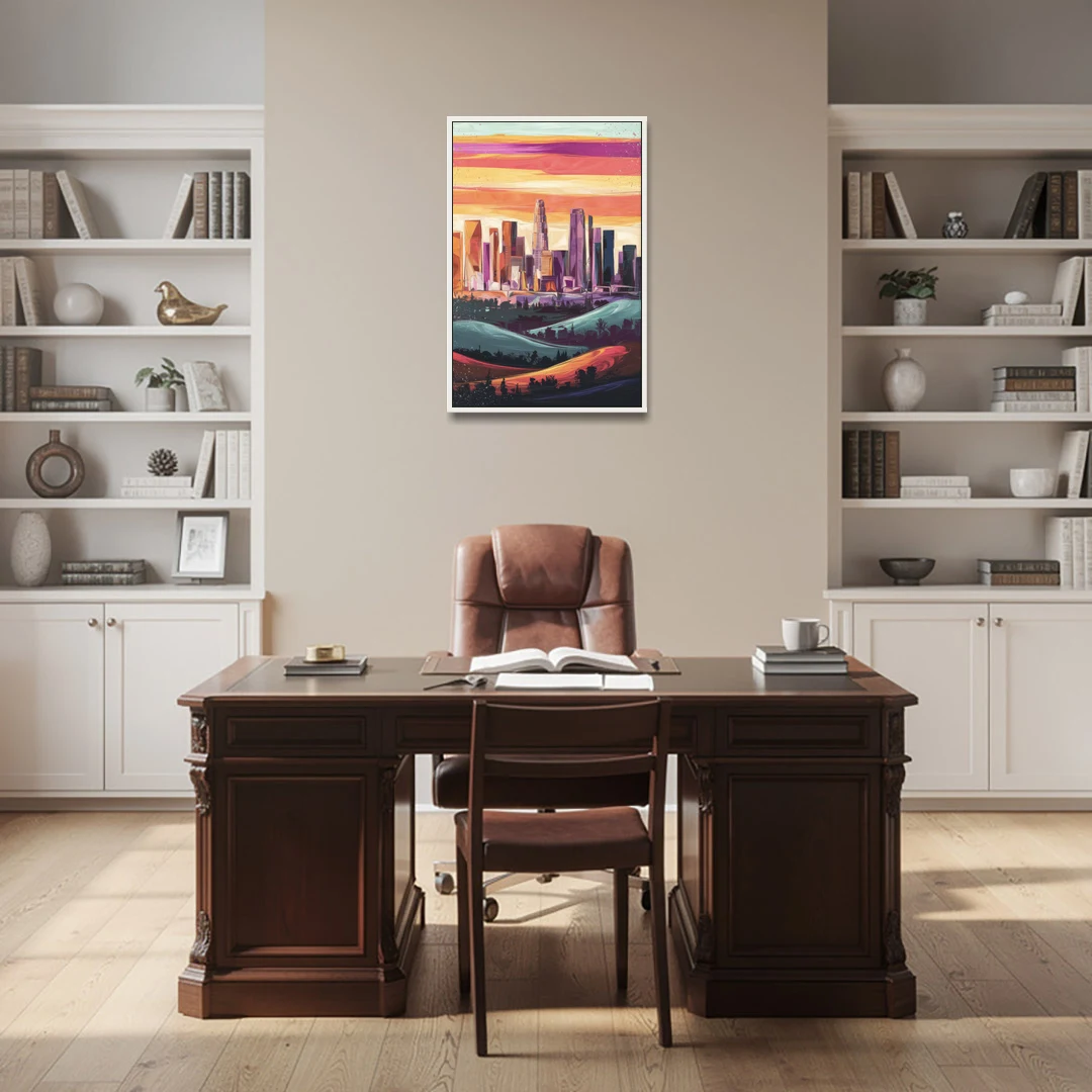 Los Angeles Skyline at Sunset - White Framed Canvas Wall Art - Office - 24x36