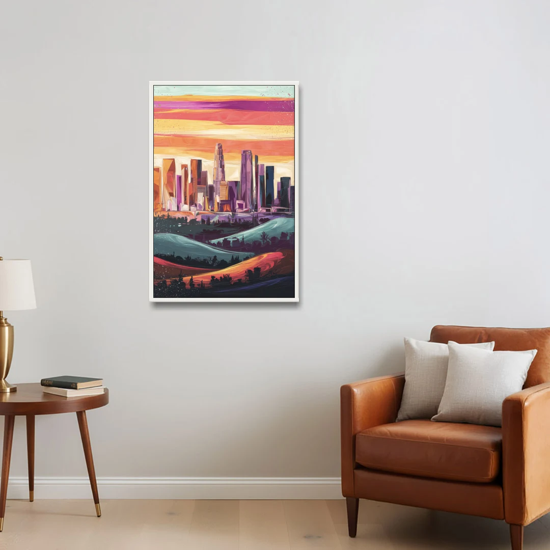 Los Angeles Skyline at Sunset - White Framed Canvas Wall Art - Sofa - 24x36