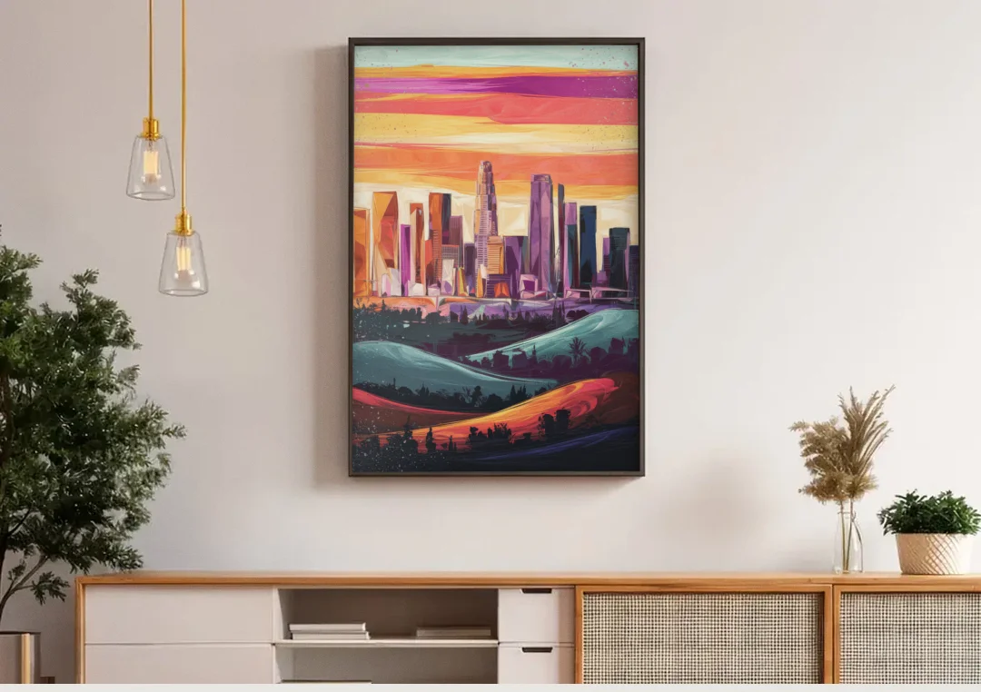 Los Angeles Skyline at Sunset canvas wall art above a wooden sideboard under pendant lights