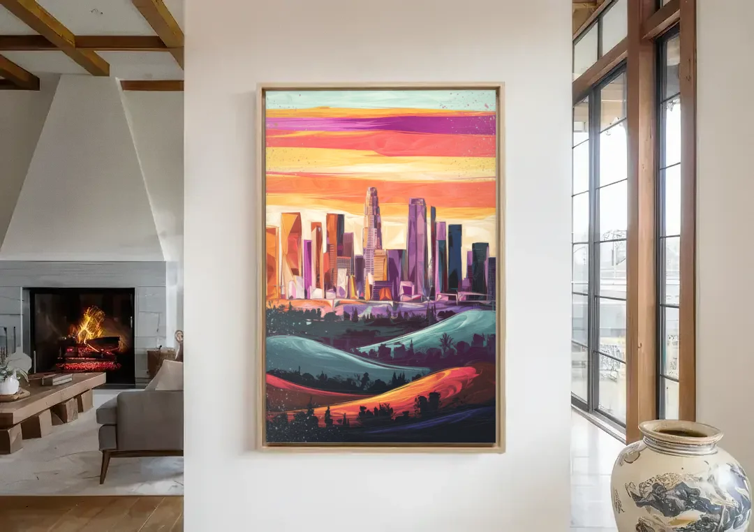 Los Angeles Skyline at Sunset canvas wall art in a living room with a fireplace