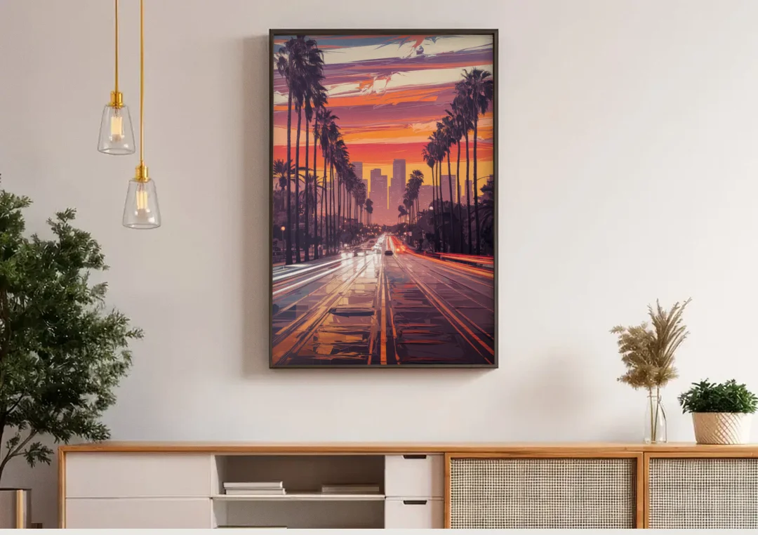 Los Angeles Sunset Boulevard canvas wall art above a wooden sideboard under pendant lights