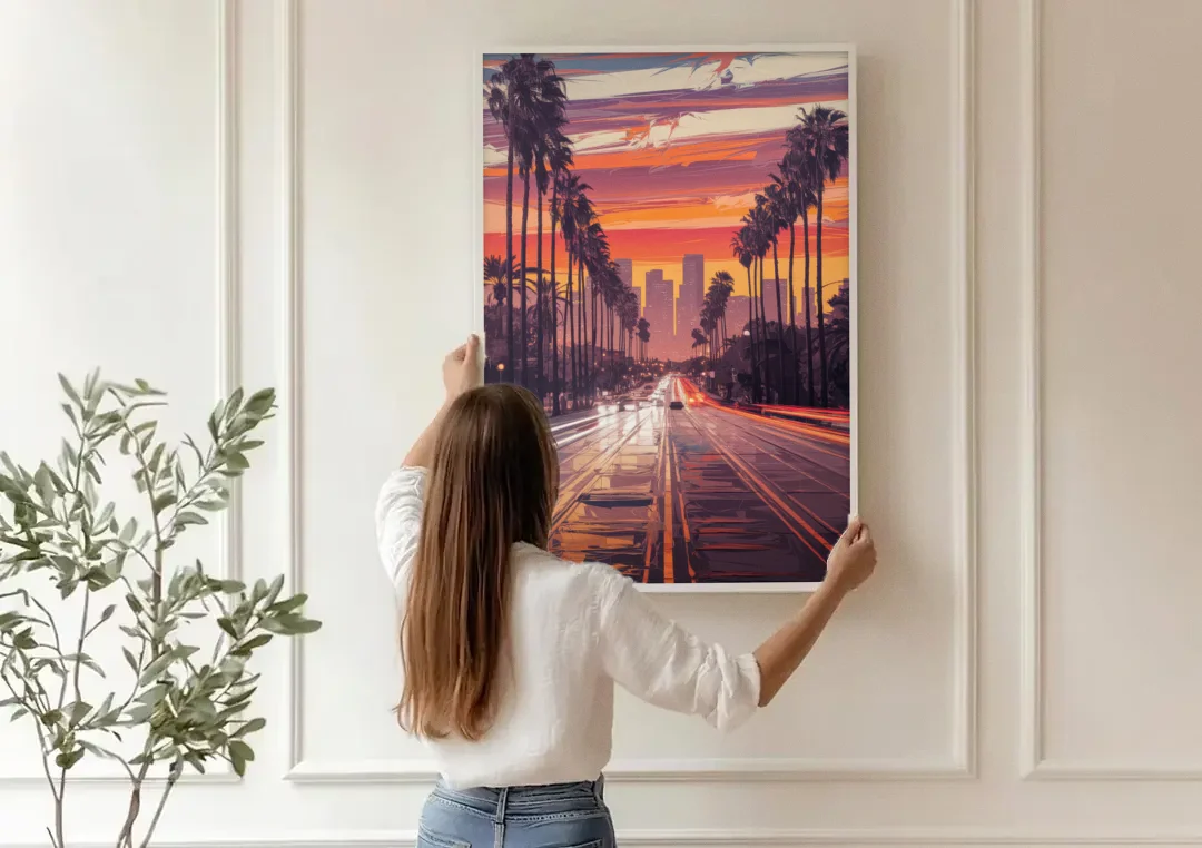 Los Angeles Sunset Boulevard canvas wall art being hung on a paneled wall