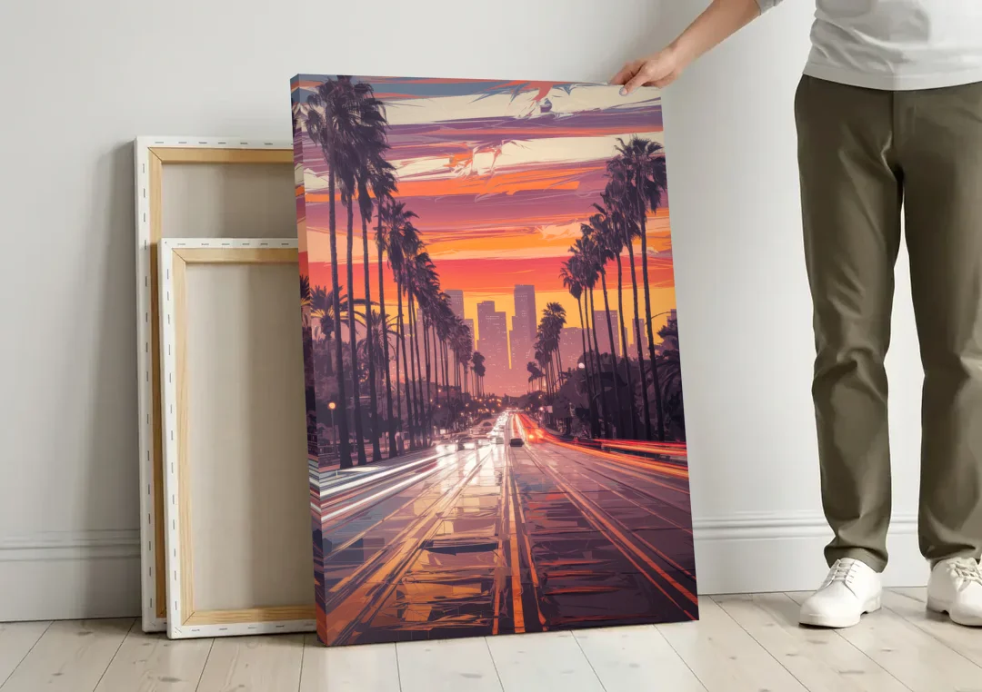 Los Angeles Sunset Boulevard canvas wall art leaning against a wall next to blank canvases