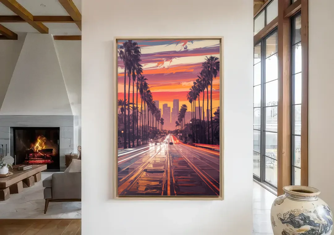 Los Angeles Sunset Boulevard canvas wall art in a living room with a fireplace