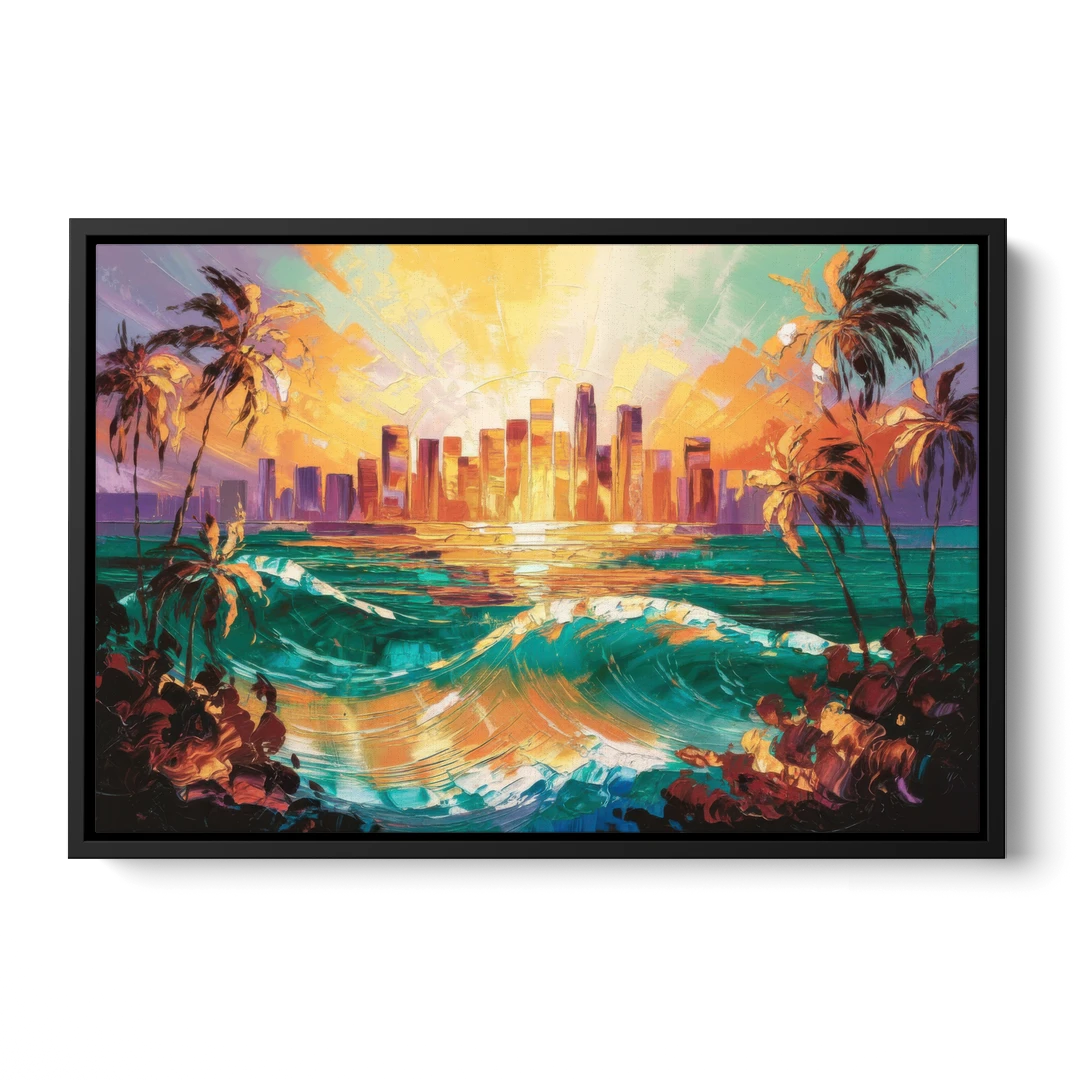 Los Angeles Sunset Over The Ocean - Black Framed Canvas Wall Art - Front