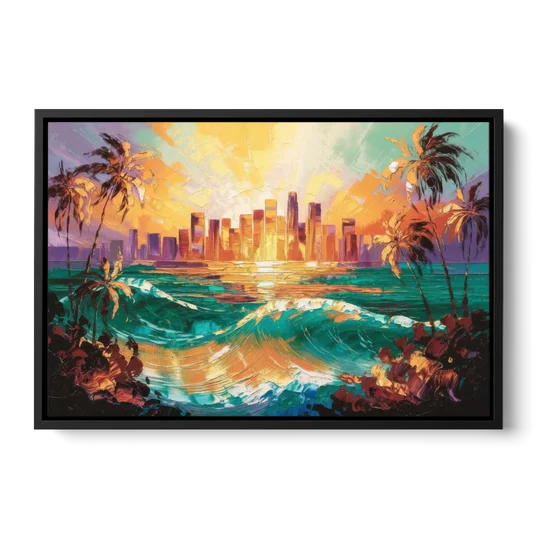 Los Angeles Sunset Over The Ocean - Black Framed Canvas Wall Art - Front
