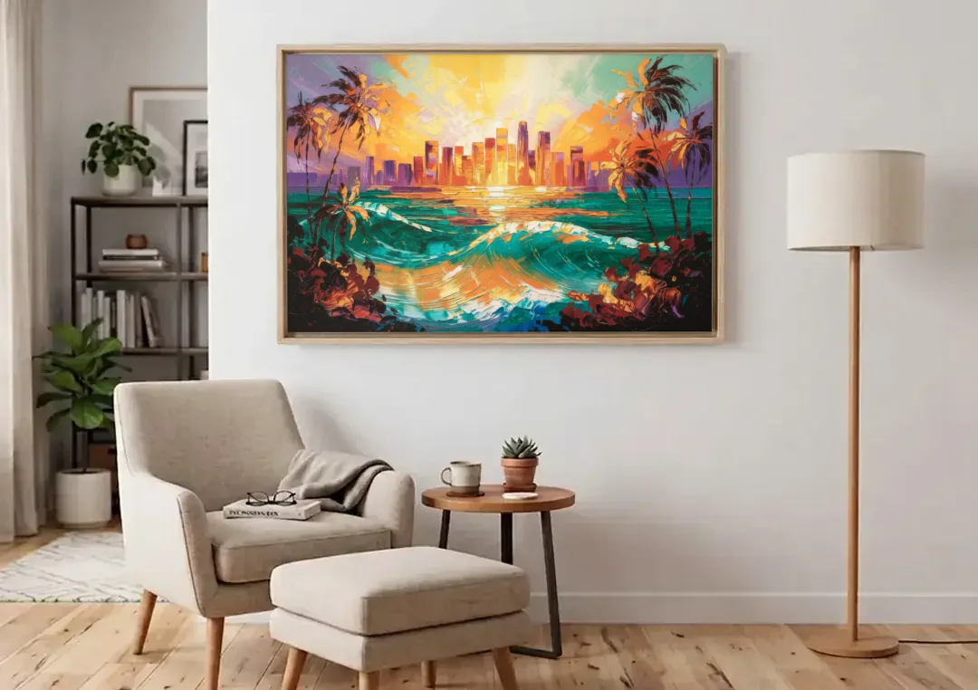 Los Angeles Sunset Over The Ocean canvas wall art above an armchair in a bright living room