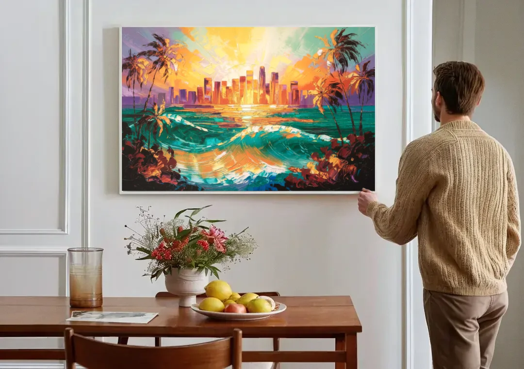 Los Angeles Sunset Over The Ocean canvas wall art above a dining table