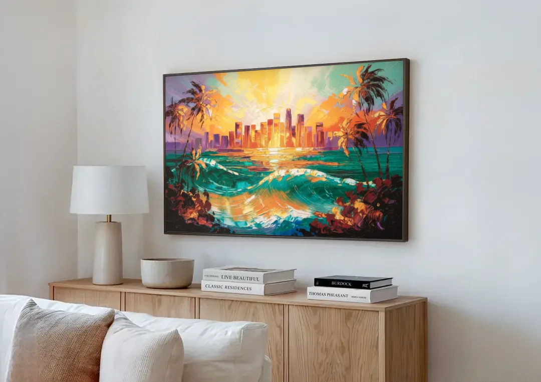 Los Angeles Sunset Over The Ocean canvas wall art above a wooden sideboard next to a sofa