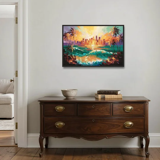 Los Angeles Sunset Over The Ocean - Black Framed Canvas Wall Art - Coffee Table - 36x24