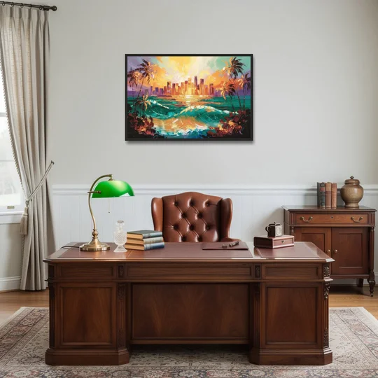 Los Angeles Sunset Over The Ocean - Black Framed Canvas Wall Art - Office - 36x24