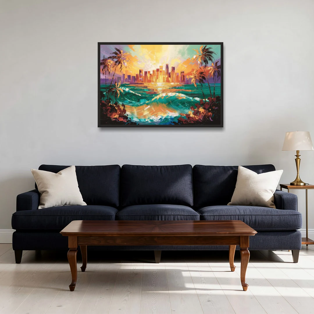 Los Angeles Sunset Over The Ocean - Black Framed Canvas Wall Art - Sofa - 36x24