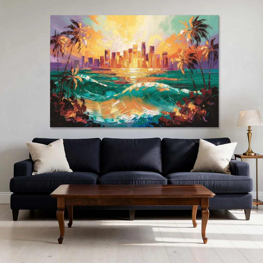 Los Angeles Sunset Over The Ocean - Canvas Wall Art - Sofa - 60x40