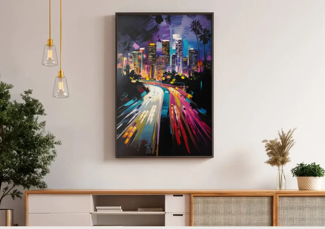 Los Angeles Urban Cityscape canvas wall art above a wooden sideboard under pendant lights