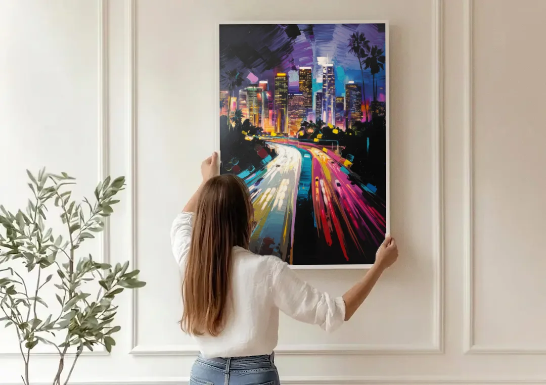 Los Angeles Urban Cityscape canvas wall art being hung on a paneled wall