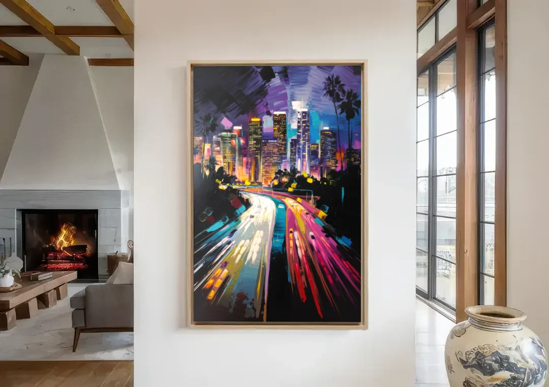 Los Angeles Urban Cityscape canvas wall art in a living room with a fireplace