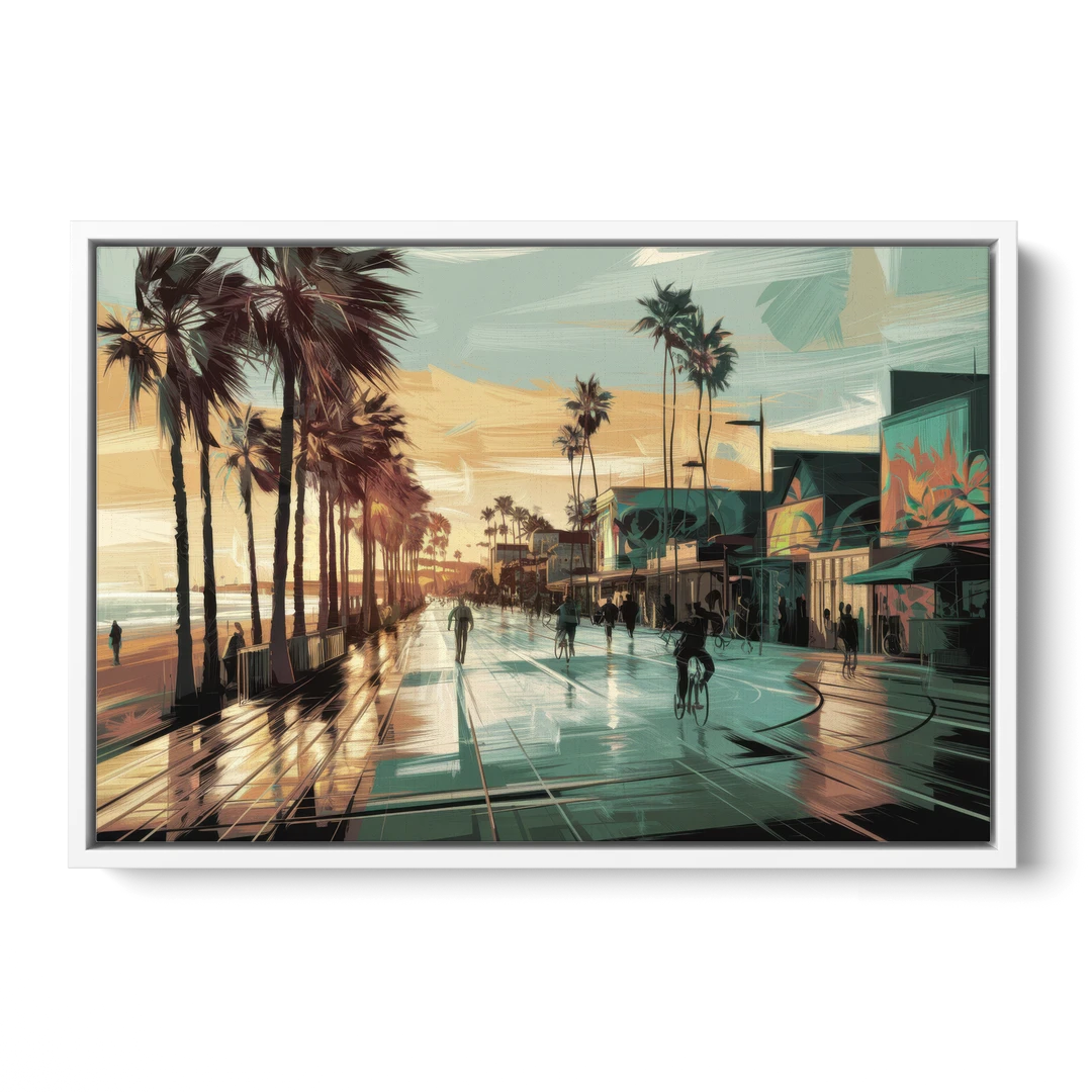 Los Angeles Venice Beach Boardwalk - White Framed Canvas Wall Art - Front