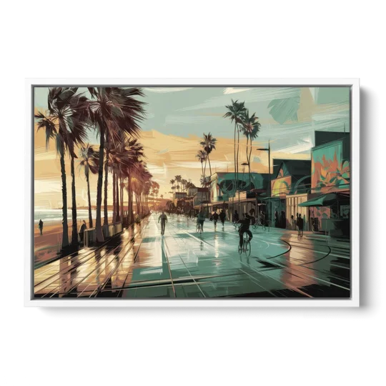 Los Angeles Venice Beach Boardwalk - White Framed Canvas Wall Art - Front