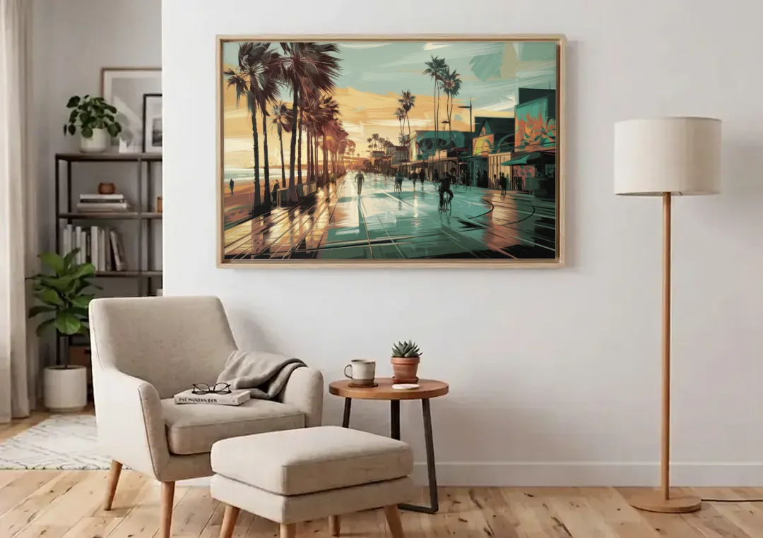 Los Angeles Venice Beach Boardwalk canvas wall art above an armchair in a bright living room