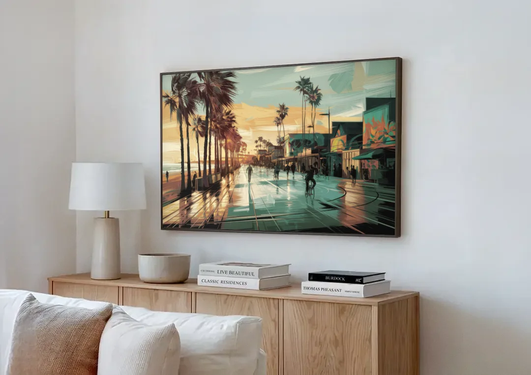 Los Angeles Venice Beach Boardwalk canvas wall art above a wooden sideboard next to a sofa