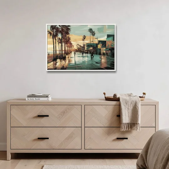 Los Angeles Venice Beach Boardwalk - White Framed Canvas Wall Art - Coffee Table - 36x24