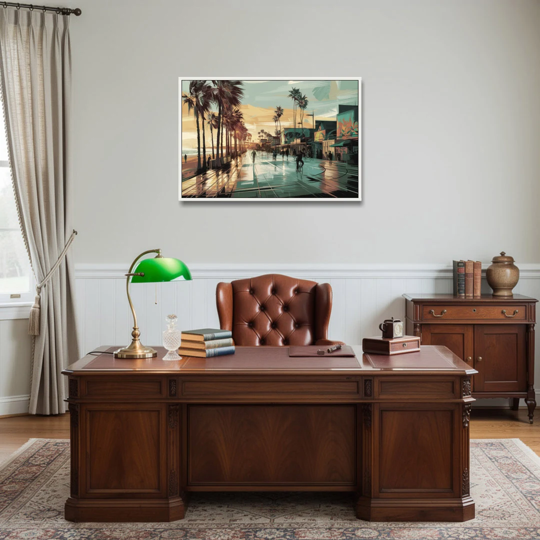 Los Angeles Venice Beach Boardwalk - White Framed Canvas Wall Art - Office - 36x24