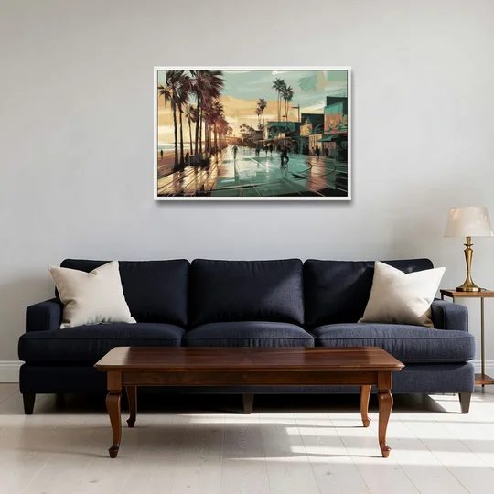 Los Angeles Venice Beach Boardwalk - White Framed Canvas Wall Art - Sofa - 36x24