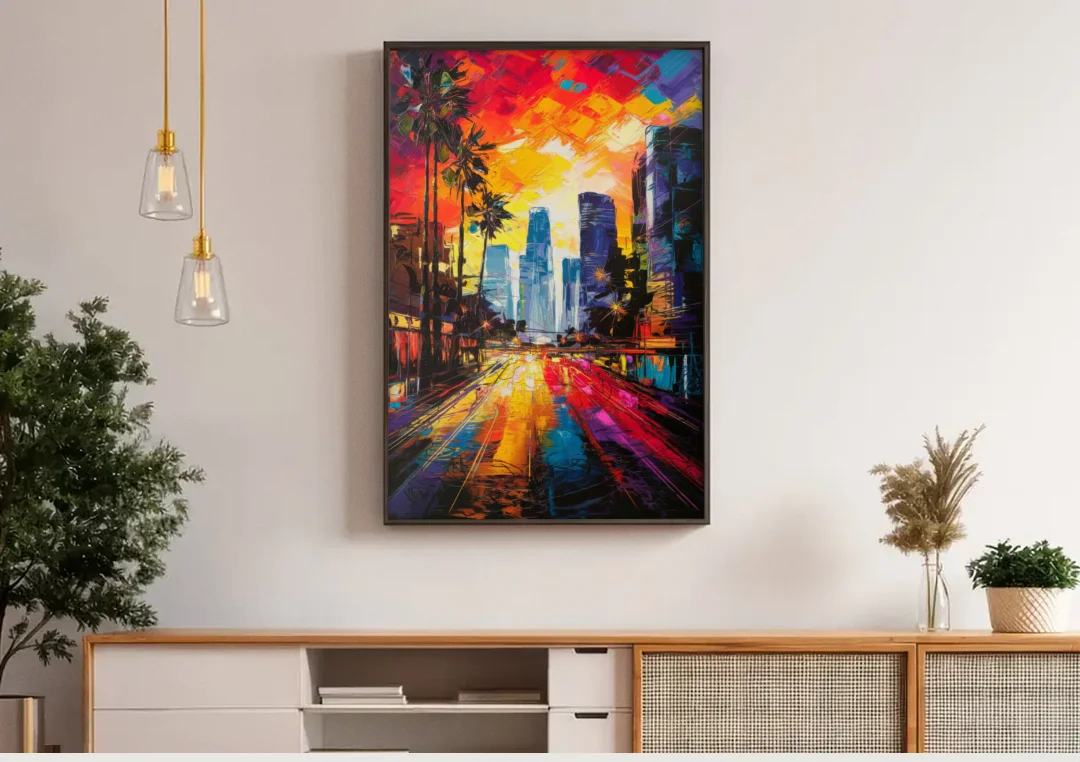 Los Angeles Vibrant Street Art canvas wall art above a wooden sideboard under pendant lights