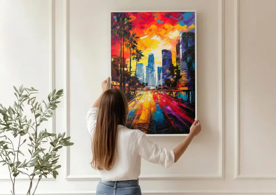 Los Angeles Vibrant Street Art canvas wall art being hung on a paneled wall