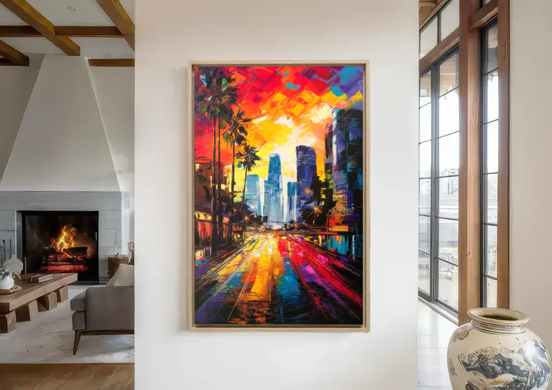 Los Angeles Vibrant Street Art canvas wall art in a living room with a fireplace
