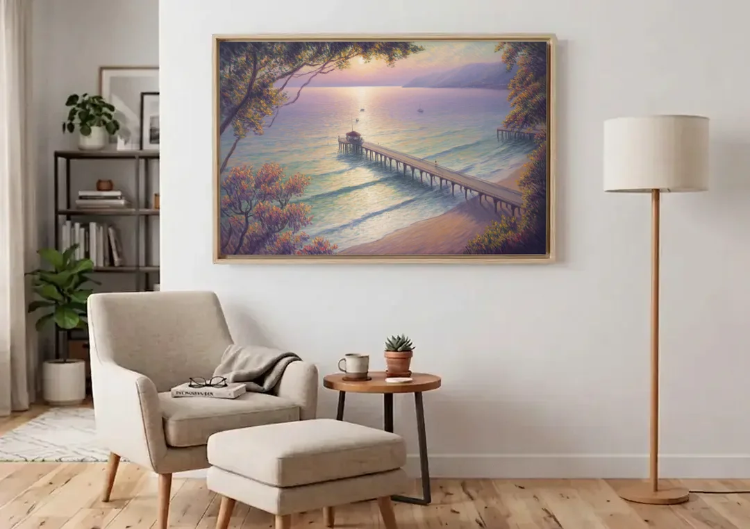 Los Muertos Pier canvas wall art above an armchair in a bright living room