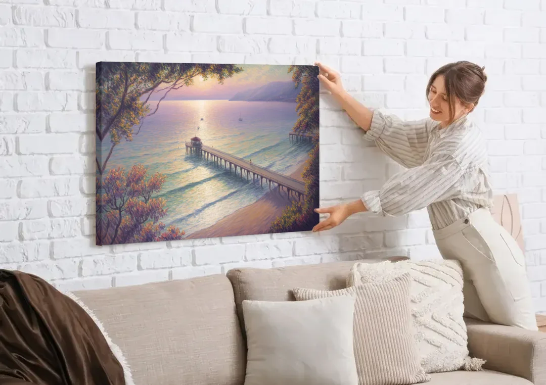 Los Muertos Pier canvas wall art being hung on a white brick wall above a sofa